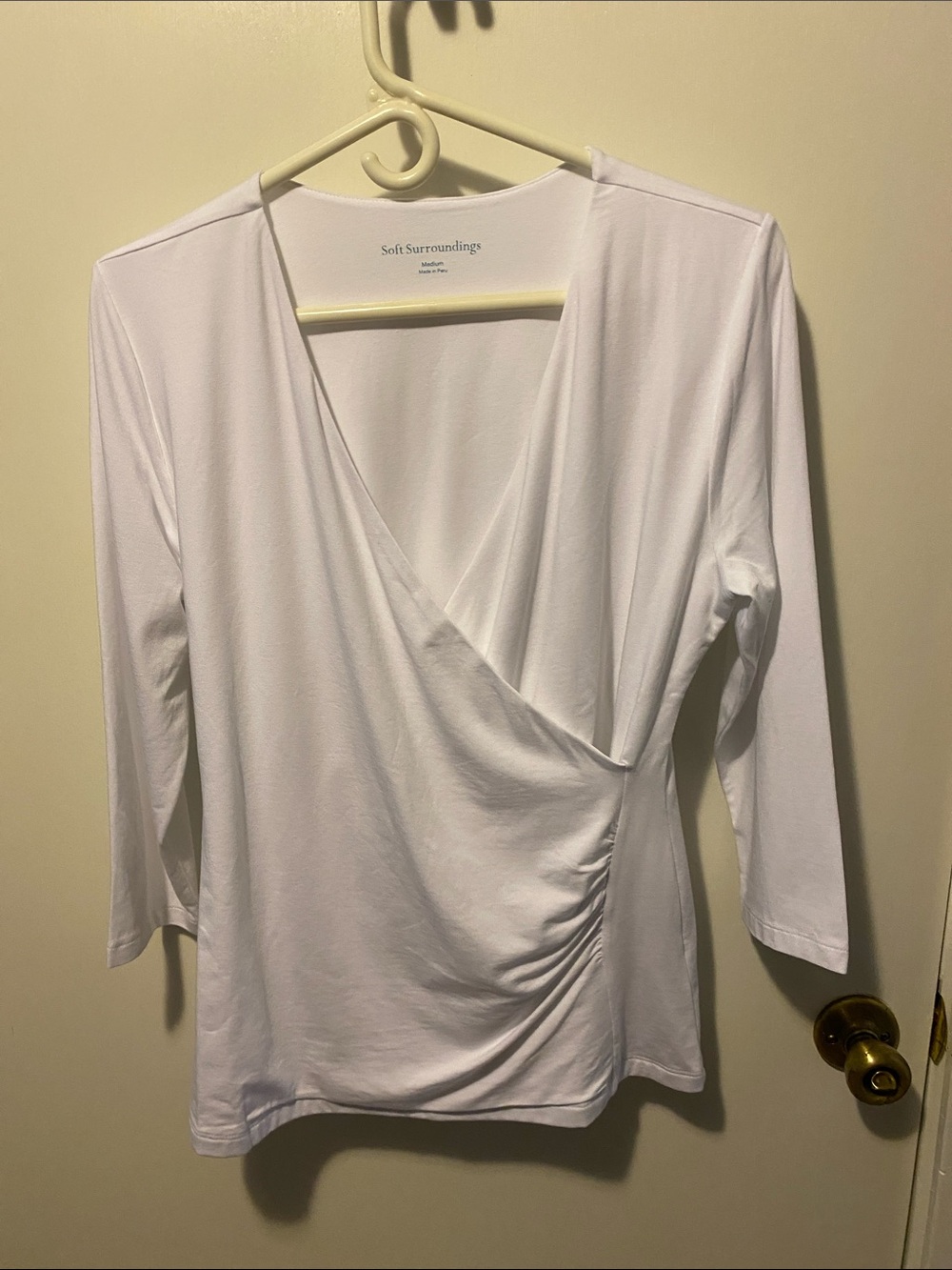 Soft Surroundings White Faux-Wrap Long Sleeve Top with Side Gather